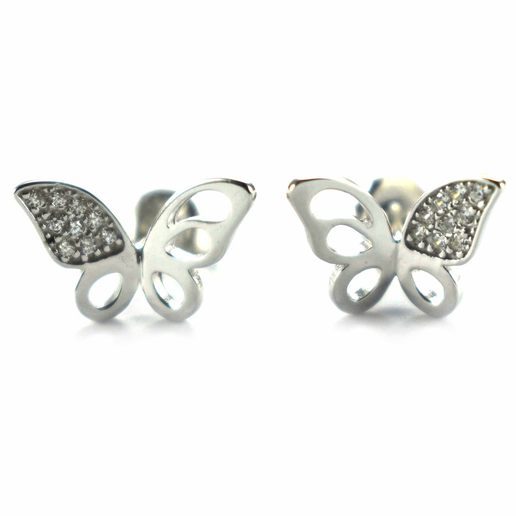 Butterfly silver earring with white CZ & platinum plating