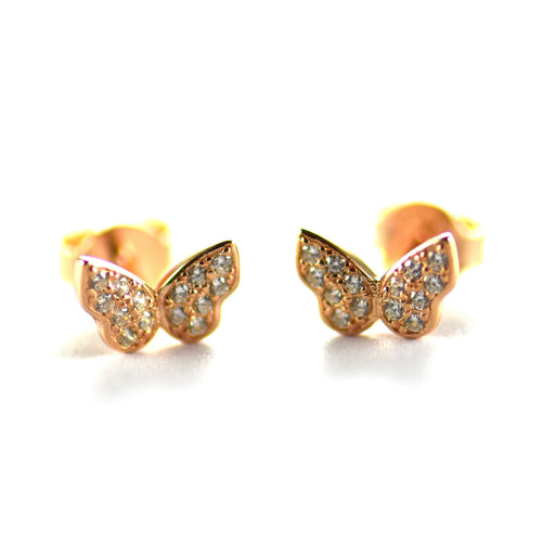 Butterfly stud earring with white CZ & pink gold plating
