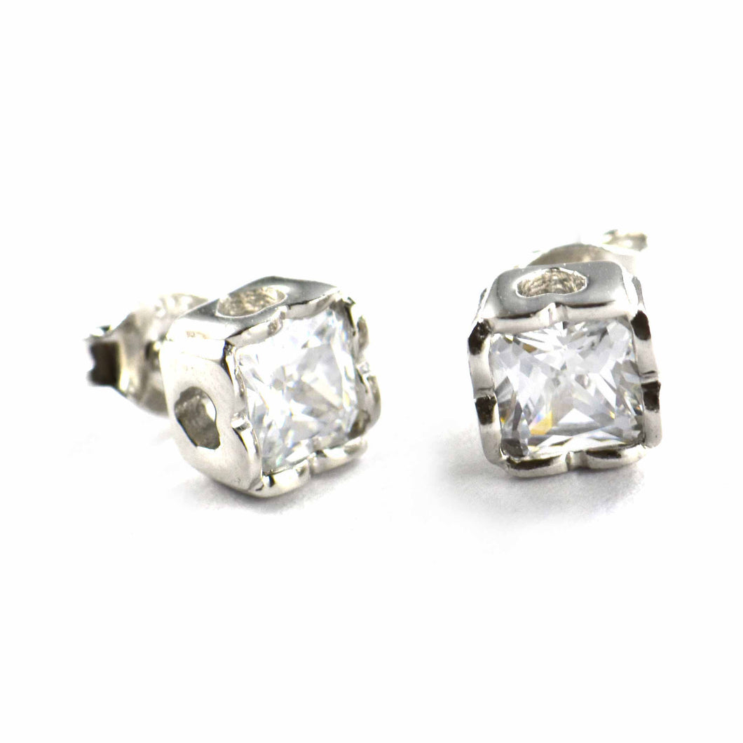 Channel set silver stud earring with square CZ