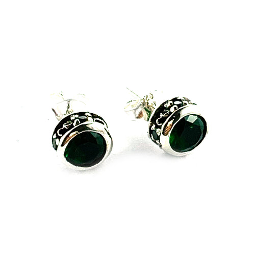 Channel set silver studs earring with dark green CZ