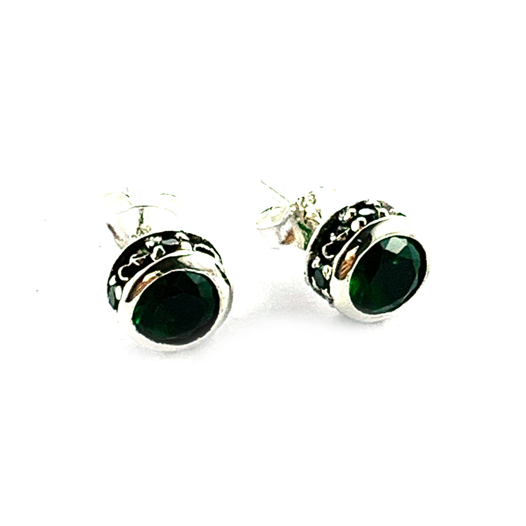 Channel set silver studs earring with dark green CZ
