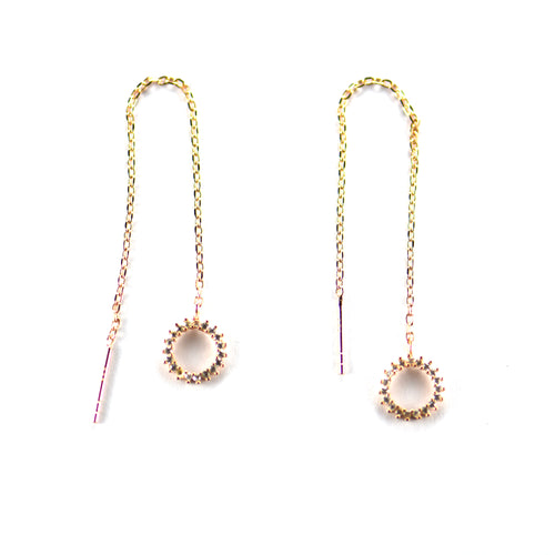 Circle & chain silver earring with CZ & pink gold plating