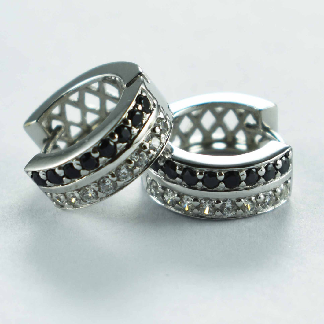 Circle silver earring with white & black CZ