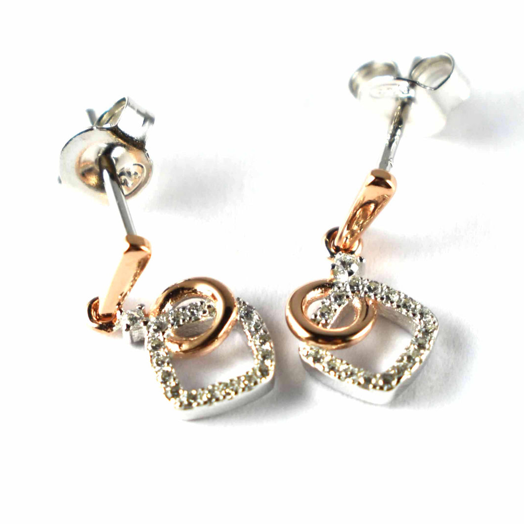Circle & square earring with pink gold plating & white CZ
