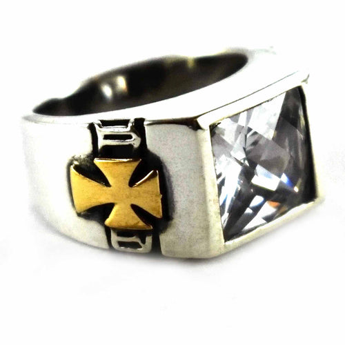 Copper cross with rectangle diamond cut white cubic zirconia silver ring