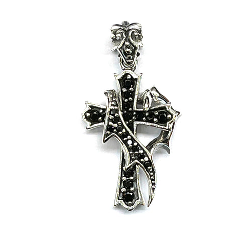 Cross & fire silver pendant with black CZ