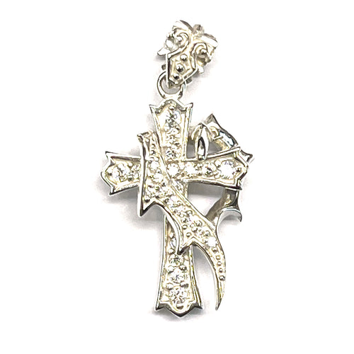 Cross & fire silver pendant with white CZ