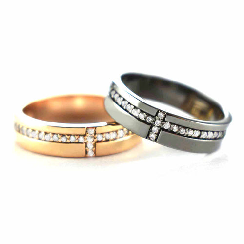 Cross pattern silver couple ring with pink gold & black rhodium plating