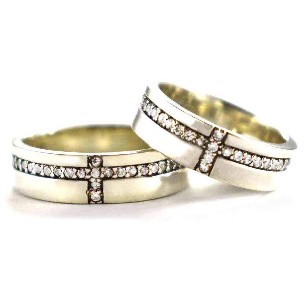 Cross pattern silver couple with white CZ & oxidized