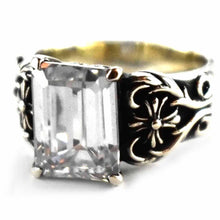 Cross pattern with rectangle white cubic zirconia silver ring