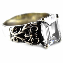 Cross pattern with rectangle white cubic zirconia silver ring