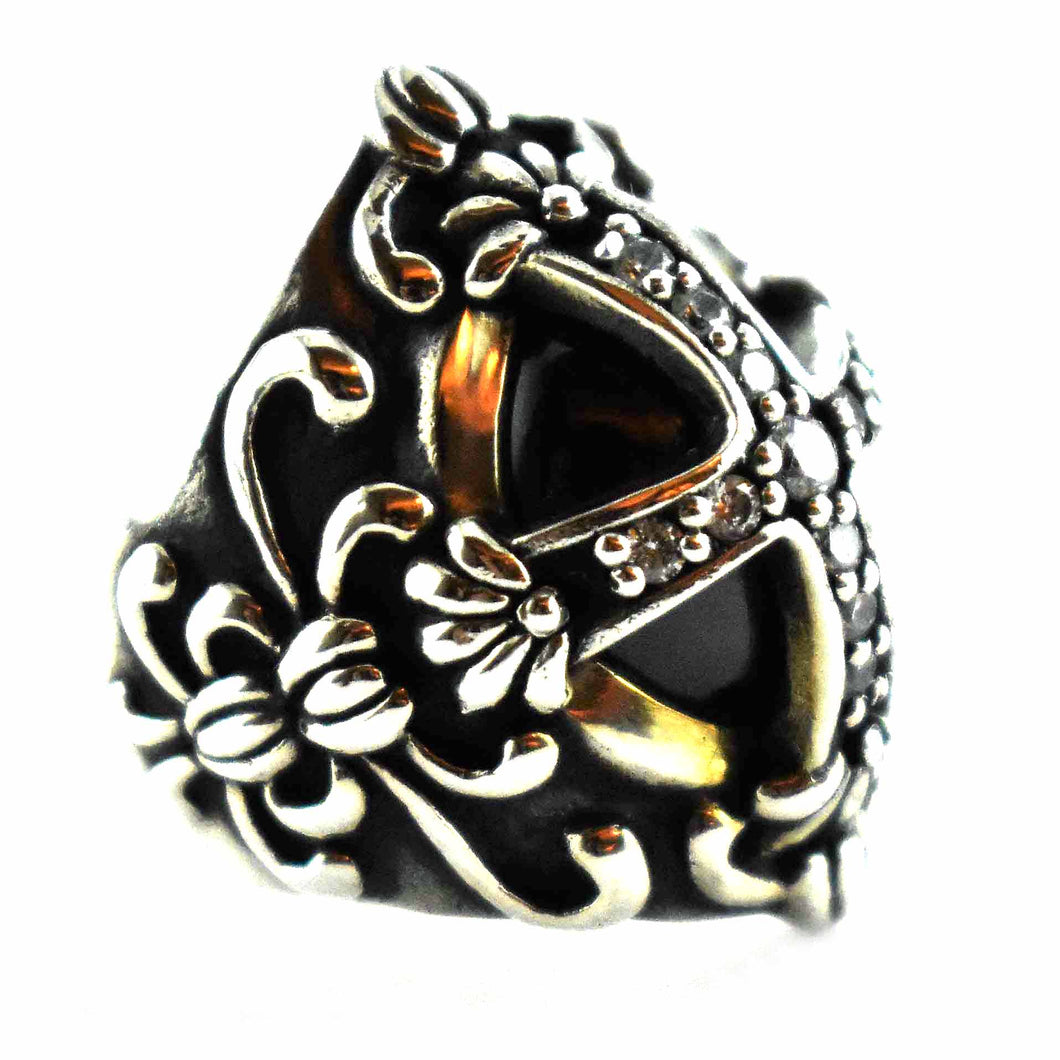 Cross pattern with white cubic zirconia & black stone silver ring