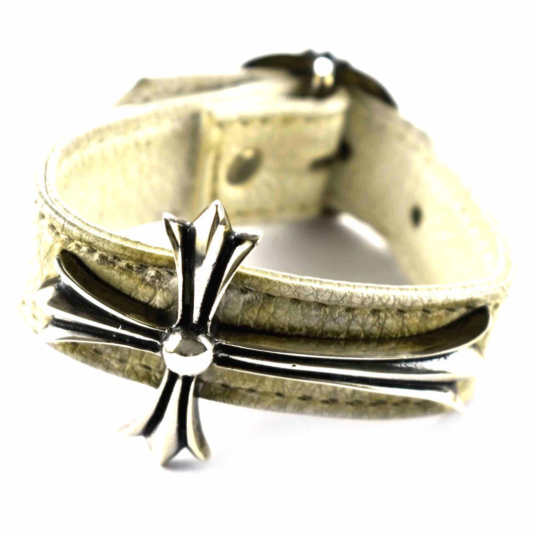 Cross pattern with white leather silver bracelet