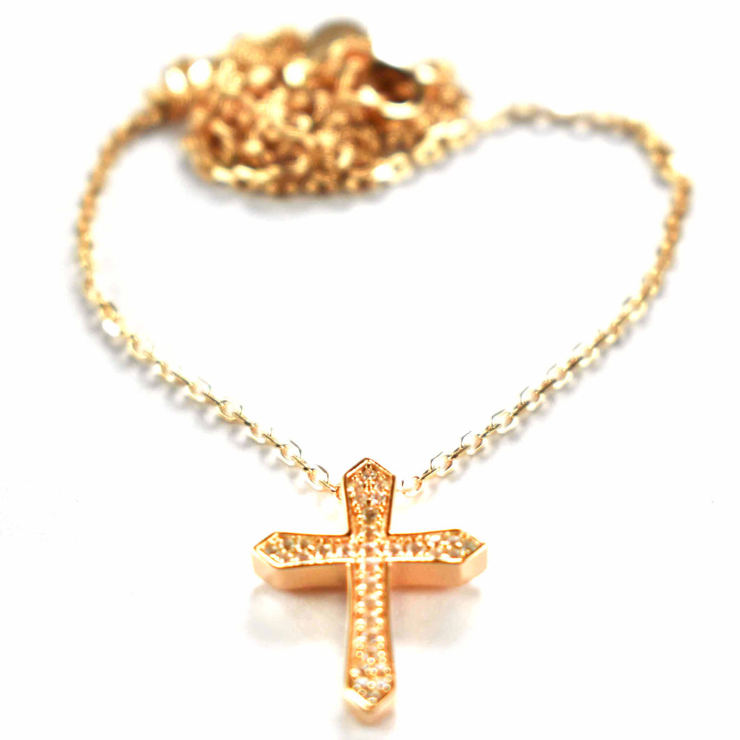 Cross silver necklace with white CZ & pink gold plating