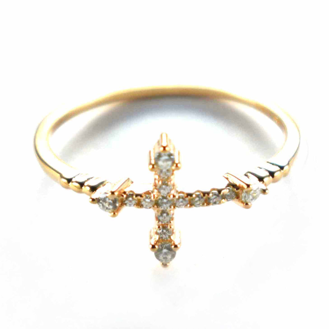 Cross silver ring with white cubic zirconia & pink gold plating