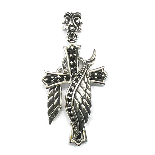 Cross & wing silver pendant with black CZ