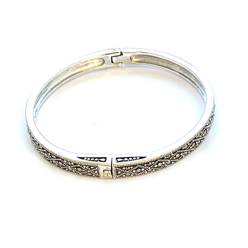 Cross pattern silver bangle with marcasite