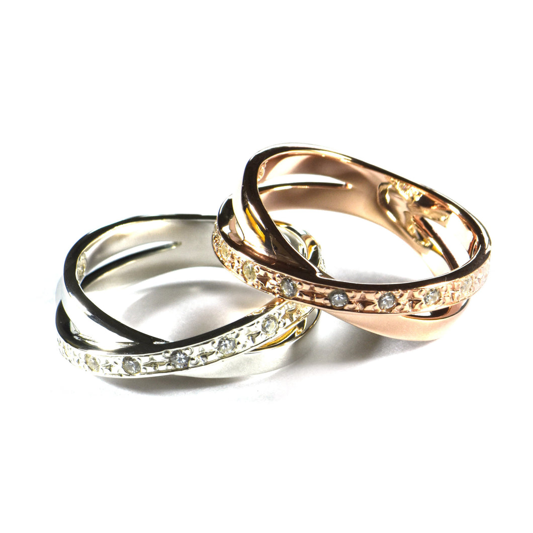 Cross silver couple ring with pink gold plating & CZ