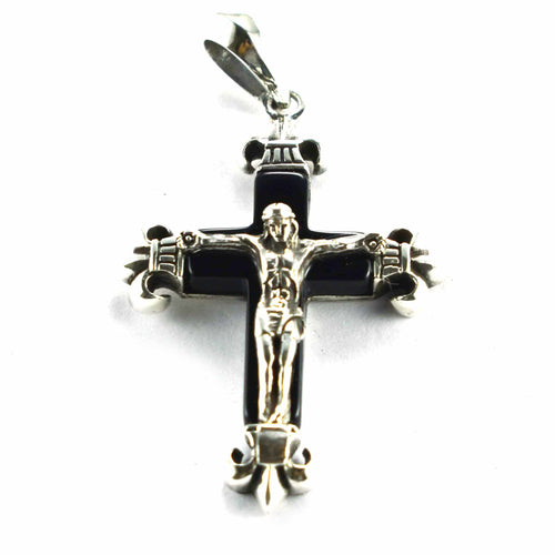 Cross silver pendant with jesus & onyx