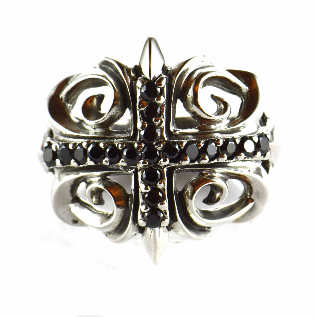 Cross silver ring with black cubic zirconia