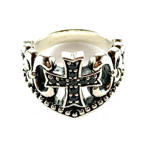 Cross silver ring with small black CZ & ribbon pattern