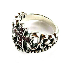Cross silver ring with small red CZ & ribbon pattern
