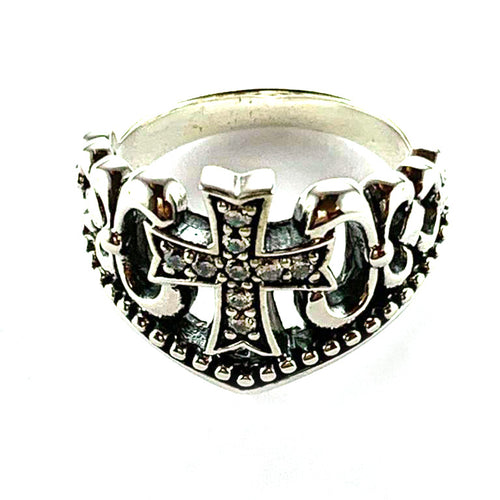 Cross silver ring with small white CZ & ribbon pattern