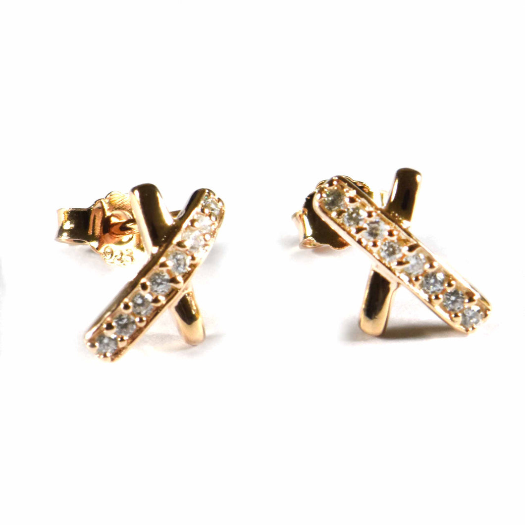 Cross silver studs earring with CZ & pink gold plating