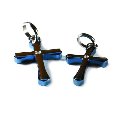 Cross stainless steel couple pendant with blue plating & white CZ