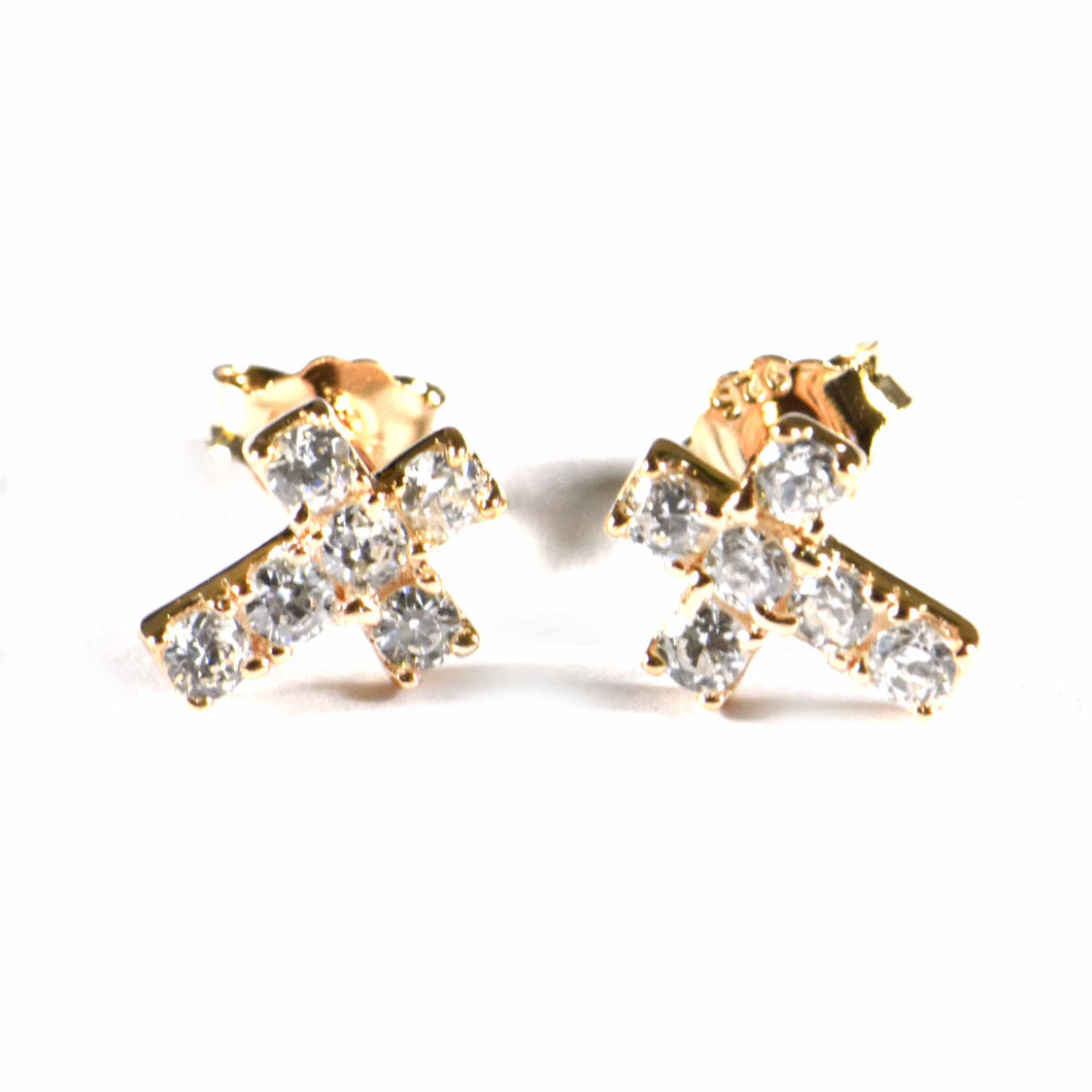 Cross studs silver earring with full of CZ & pink gold plating