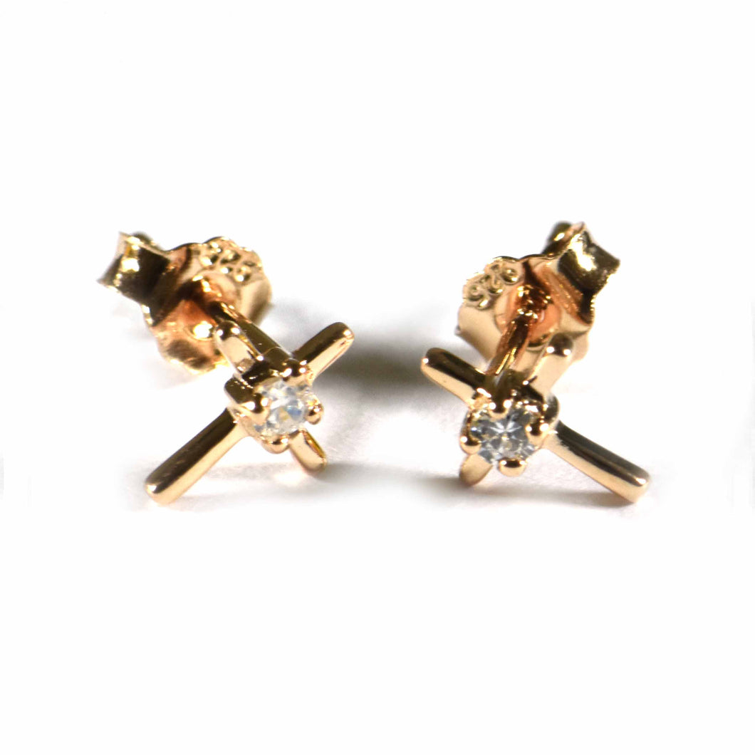 Cross studs silver earring with one CZ & pink gold plating