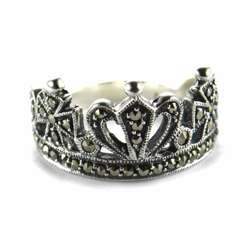 Crown silver ring with marcasite
