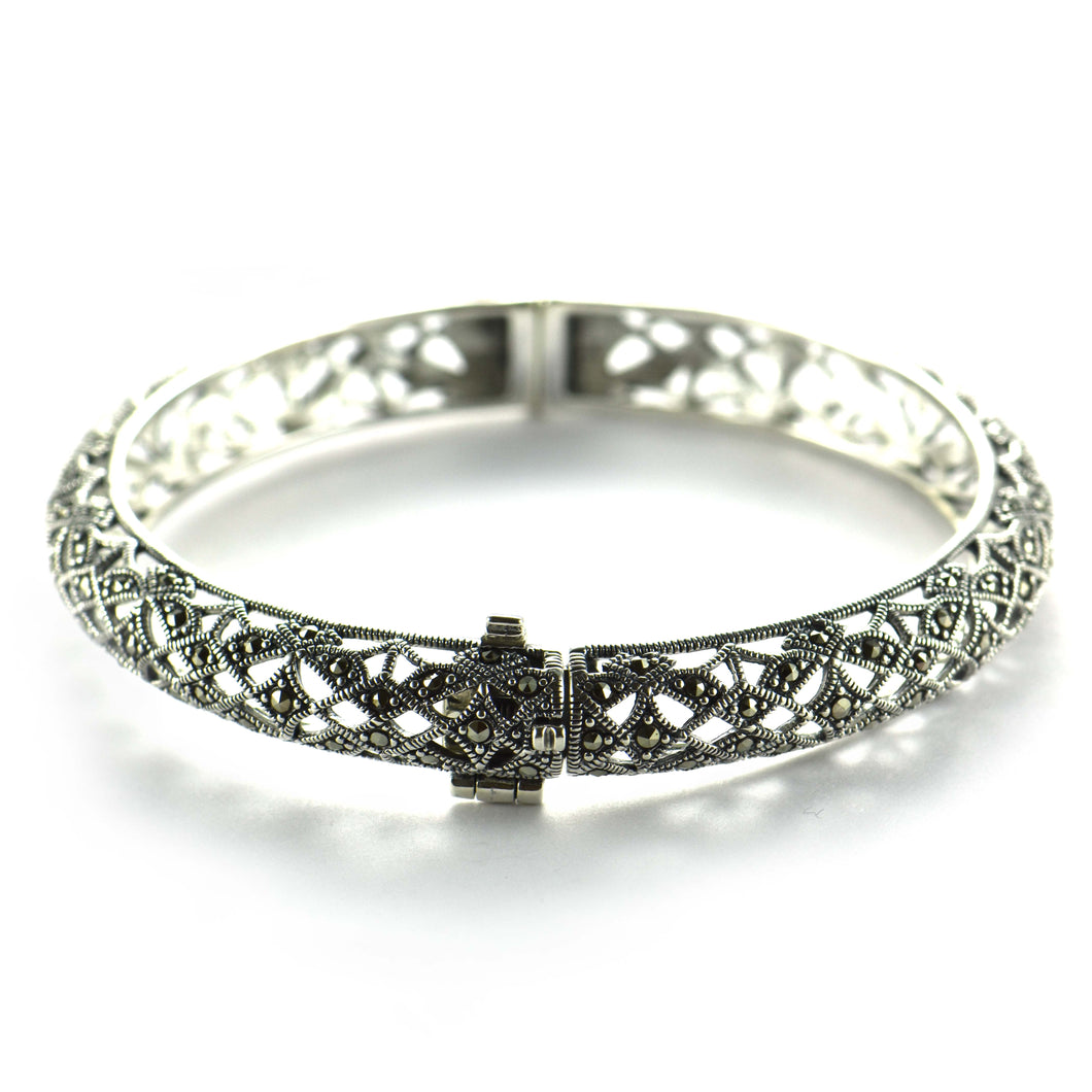 Lace pattern silver bangle with marcasite