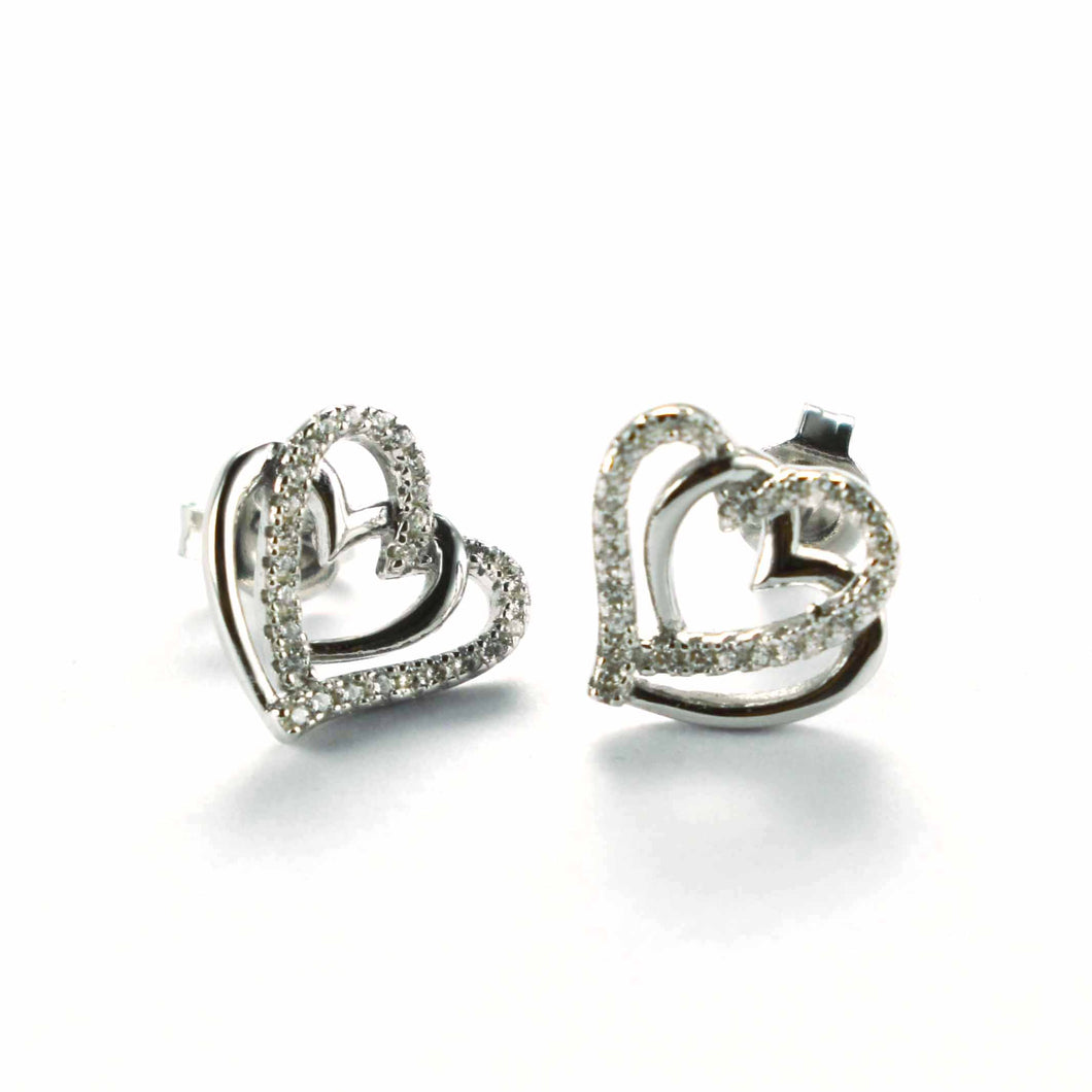 Double heart silver earring with white CZ