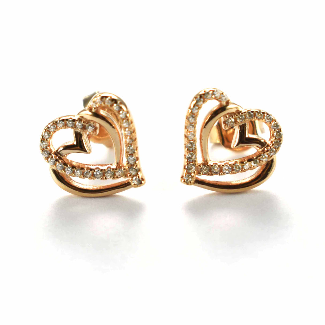 Double heart silver earring with white CZ & pink gold plating