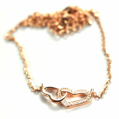 Double heart silver necklace with white CZ & pink gold plating