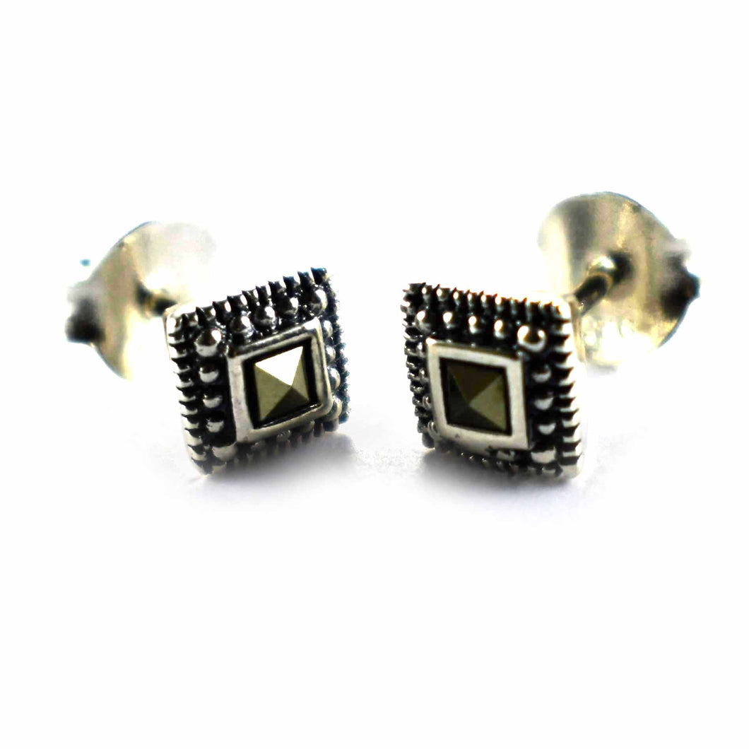 Double square silver studs earring with marcasite