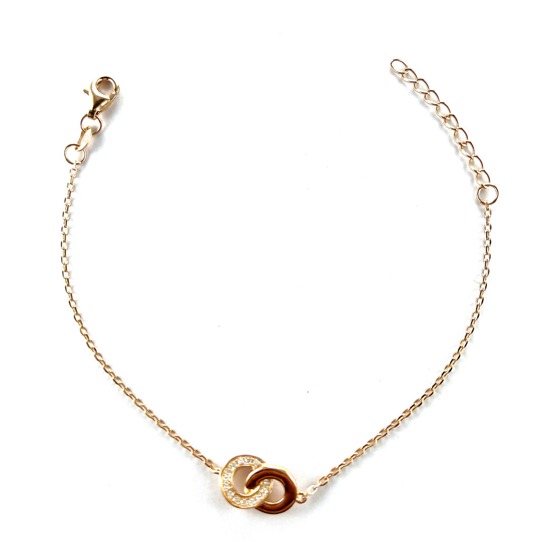 Double circle silver bracelet with CZ & pink gold plating