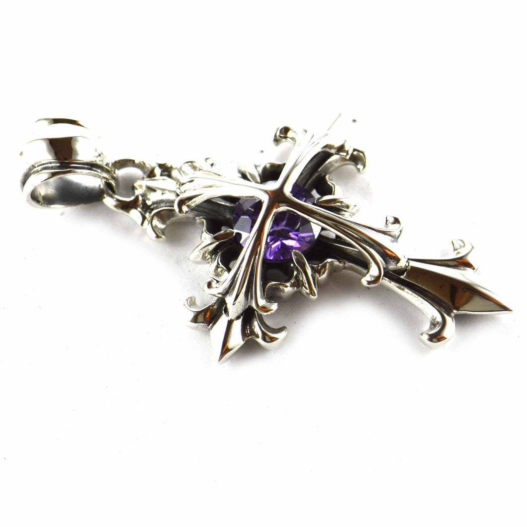 Double cross silver pendant with purple CZ