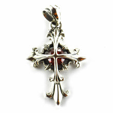 Double cross silver pendant with red CZ