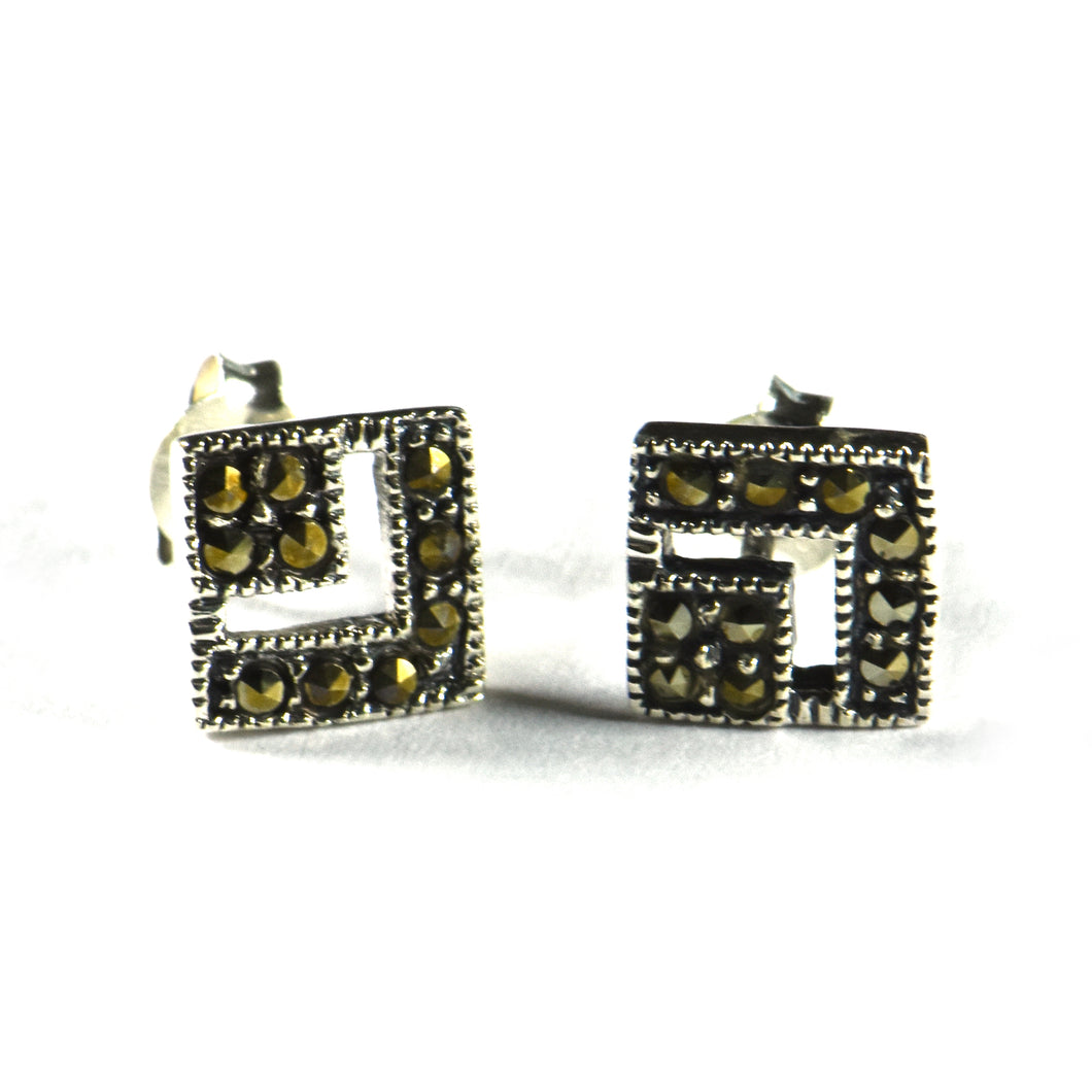 Double square silver studs earring with marcasite