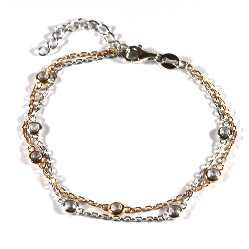 Double stone silver bracelet with crystal & pink gold plating