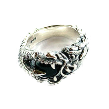 Dragon ball silver ring with black stone