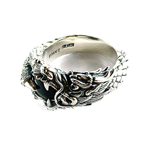 Dragon ball silver ring with black stone