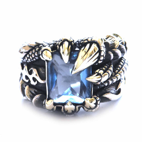 Dragon claw silver ring with blue CZ