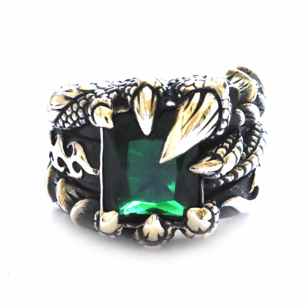 Dragon claw silver ring with green CZ