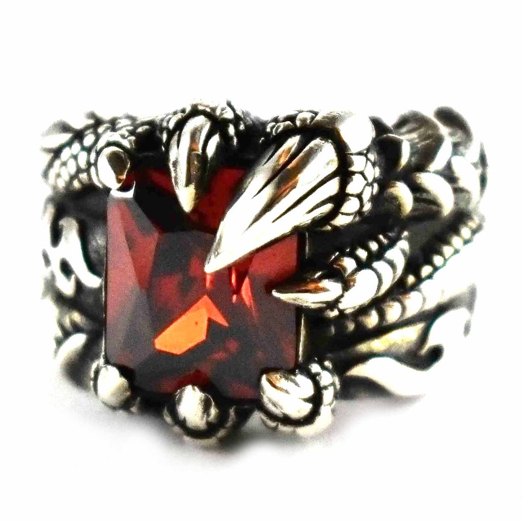Dragon claw with red cubic zirconia silver ring