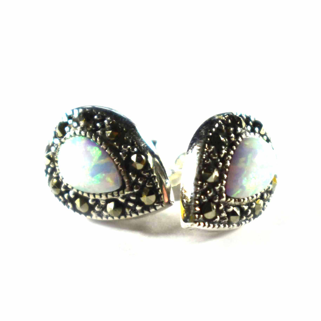 Drop type silver earring with marcasite & opal
