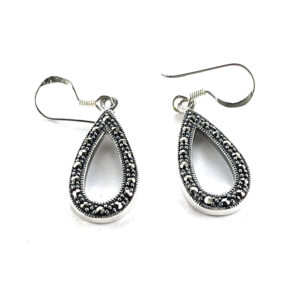 Drop silver hook earring with marcasite