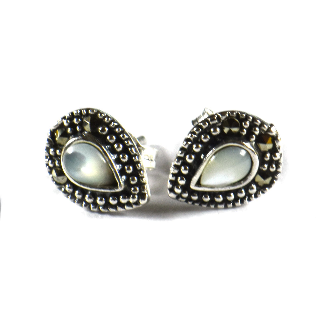 Drop studs silver earring with marcasite & mother of pearl